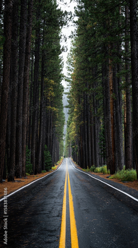 Fototapeta premium Forest road, wet asphalt, tall trees