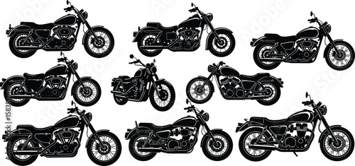 Motorcycle silhouette vector collection, classic motorbike set, cruiser motorcycle clipart, vintage bike icons, transportation, biker style, custom chopper illustration