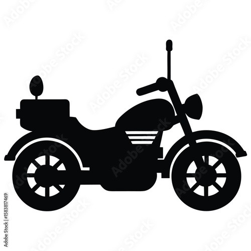 Solid Black Silhouette of a Classic Motorbike with Luggage Compartment and Headlight