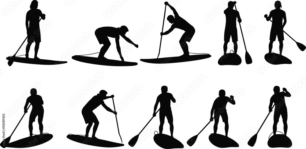 Obraz premium Paddle boarding silhouette vector set, stand up paddleboarder collection, water sport illustration, surfing figures, outdoor fitness activity clipart bundle