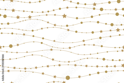 Holiday gold vector garland set isolated on white. Sparkling glitter ornaments on a string. Shiny derorative golden garlands with stars, circles 