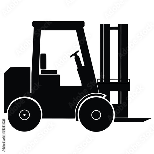 Detailed Silhouette Illustration of a Forklift Truck with Visible Steering Wheel and Forks