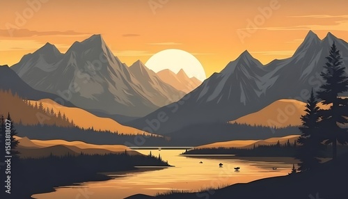  A serene painting of a mountain landscape featuring a flowing river in the foreground.