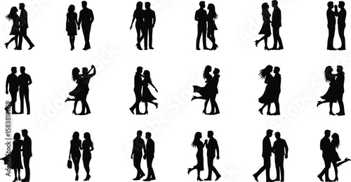 Romantic couple silhouette vector set, man and woman in love poses, relationship icons, LGBTQ and heterosexual couple illustration design