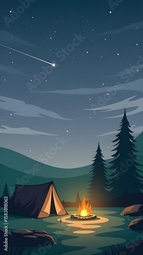 A cozy camping tent next to a crackling fire in a serene forest at night, with shadows of trees in the background.