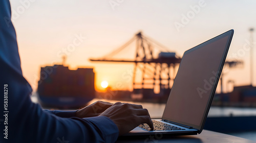 Sunset Work: Man typing on laptop with cargo ship and cranes at harbor during beautiful sunset. Business on the go with technology at a busy port.