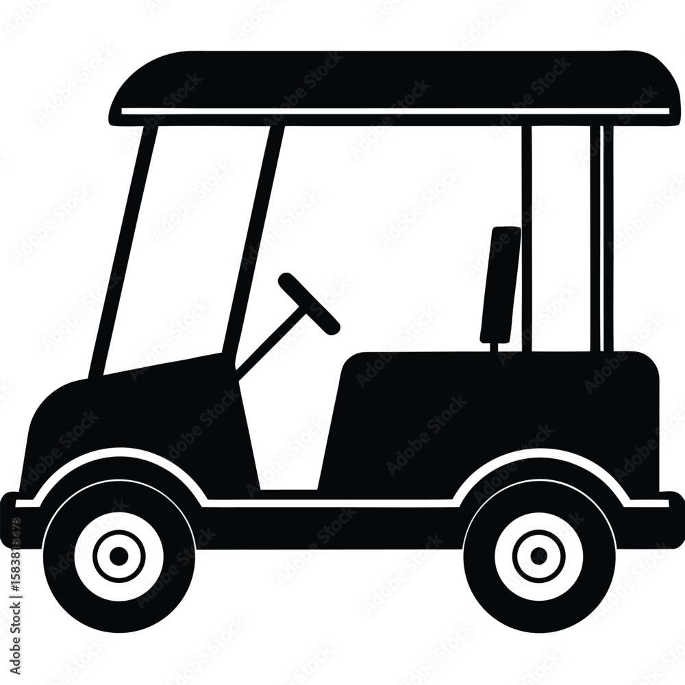 Fototapeta premium Silhouette of a black golf cart featuring roof, steering wheel, wheels, and seat