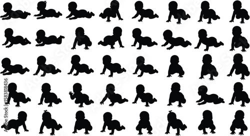 Set of crawling baby silhouettes, toddler crawling poses collection, baby movement vector icons, infant silhouette design, childcare, cute baby clipart