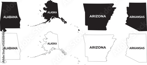 Set of US State Maps - Alabama, Alaska, Arizona, Arkansas Silhouettes