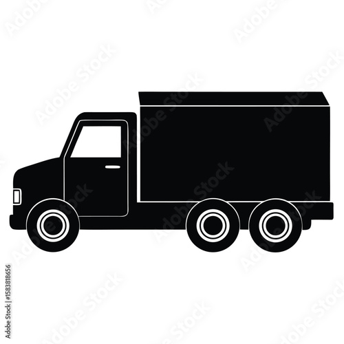 Solid Black Delivery Truck Isolated Side View Transport Vehicle Outline Silhouette