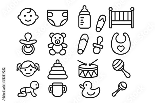 Baby and newborn child line icon set. Simple outline vector symbols. Collection of pictograms for kids: diaper, baby bottle, crib, pacifier, toy, pin, bib, rattle.