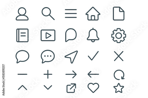 User interface outline icons set. Essential UI and UX line icon collection for web, mobile app, and website design. Includes home, search, menu, and navigation symbols. Pixel perfect vector.