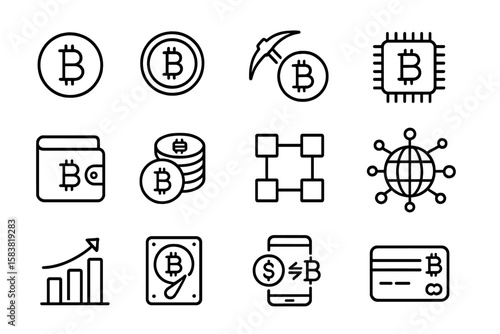 Bitcoin and cryptocurrency line icon collection. Blockchain technology, crypto mining, digital wallet, electronic cash, financial transaction, and fintech vector pictograms.