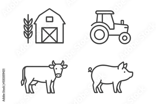 Agriculture line icon set with farm animals and machinery. Vector symbols of a cow, pig, tractor, and barn. Conceptual pictogram for rural life and livestock industry.