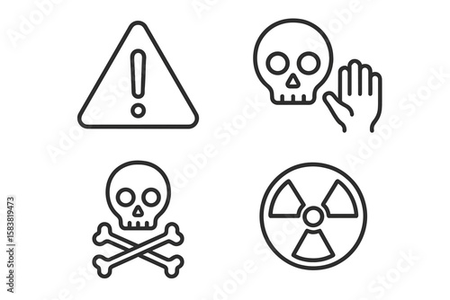 Hazard and danger linear icons set. Warning, risk, and life-threatening symbols. Toxic, poison, skull and crossbones, radioactive, and radiation attention signs.