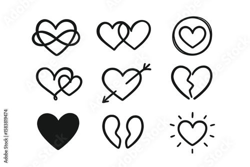 Heart icons set, hand-drawn romantic doodle collection. Unique love symbols for Valentine's day. Eternal love, broken heart, infinity, relationship vector illustrations.