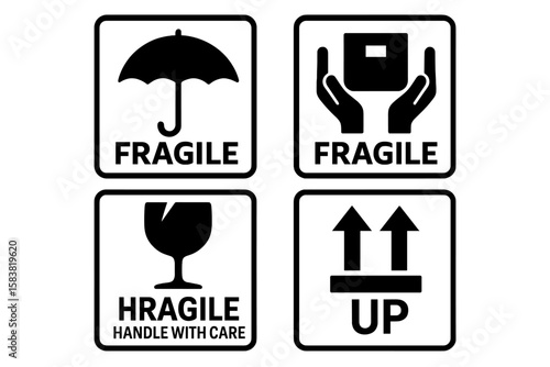 Fragile Packaging Warning Symbols Set, Cargo Handling Icons, Logistics Delivery Shipping Signs, Umbrella, Handle With Care, Glass, This Side Up, Transport Safety Labels