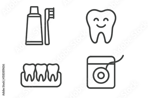 Dental Hygiene Line Icon Set. Toothbrush, Toothpaste, Floss, Healthy Teeth, Oral Care, Dental Supplies, Minimalist Linear Style, Dental Health Concept, Modern Outline Pictogram Collection