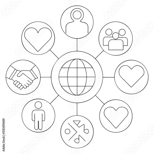Globe with connected people hearts handshake and abstract symbols vector