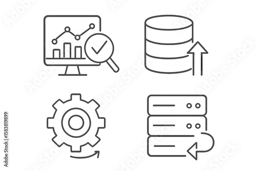 Set of 4 Linear Style Icons for Data Analysis, Database Management, Optimization, Digital Data Processing, Server Storage, and Retrieval – Outline Vector Symbols for Technology and IT