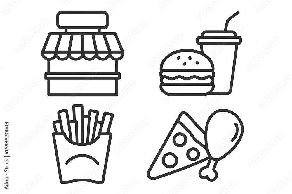 Fast Food Line Icons Set – Burger, Fries, Pizza, Chicken, Drink, Food Court Stand, Outline Vector Collection for Restaurant, Takeout, Delivery, Snack Bar, Infographic, Menu Design Fast Food Line Icons Set – Burger, Fries, Pizza, Chicken, Drink, Food Court Stand, Outline Vector Collection for Restaurant, Takeout, Delivery, Snack Bar, Infographic, Menu Design
