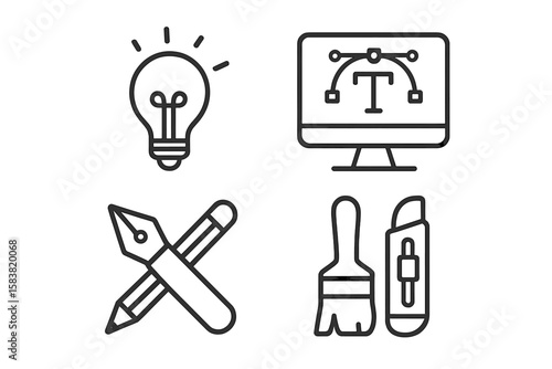 Set of 4 Linear Style Graphic Design Icons – Creative Idea, Digital Art Tools, Software Interface, Pencil and Pen, Paint Brush, Outline Concept Collection