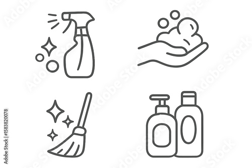 Hygiene and Cleaning Line Icons Set – Disinfecting Spray, Hand Washing, Sweeping, Soap and Shampoo Bottles – Sanitation, Personal Care, Housekeeping, Linear Outline Collection