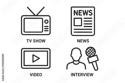 Mass Media and Journalism Linear Icon Set: TV Show, News, Video, Interview, Broadcast, Media Program, Outline Collection, Communication Concept, Modern Vector Illustration