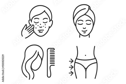 Spa and Beauty Care Line Icons Set. Facial Treatment, Hair Care, Body Slimming, Skin Care. Minimalist Outline Vector Collection for Spa Salon, Wellness, Self-Care, Beauty Infographics
