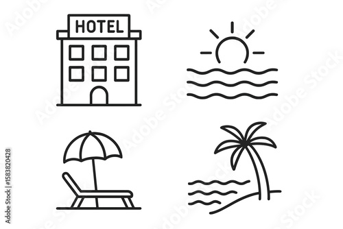 Summer Vacation Line Icons Set – Hotel, Beach, Sea, Palm Tree, Sun, Umbrella, Lounge Chair, Minimal Outline Style, Travel and Tourism, Summer Holiday Essentials, Vector Illustration