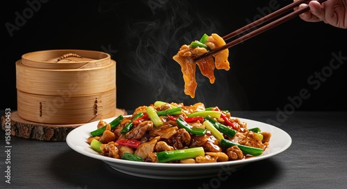 Wallpaper Mural A plate of kung pao chicken with chopsticks holding it Torontodigital.ca