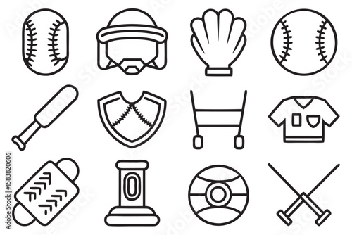 Baseball Equipment Icons Set Black Outline on White Background softball sport