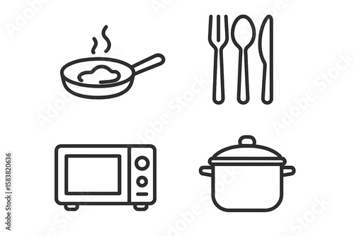 Modern Kitchen Essentials Line Icons Set – Cooking Food, Frying Pan, Cutlery, Microwave, Pot, Household Appliances, Kitchenware, Minimalist Outline Collection