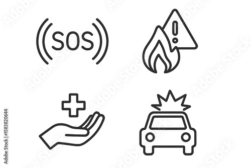 Emergency and Disaster Line Icons Set – SOS, Fire Hazard, Medical Assistance, Car Accident, Linear Style, Outline Pictograms for Crisis, Rescue, Safety, First Aid, Alert, Incident Response