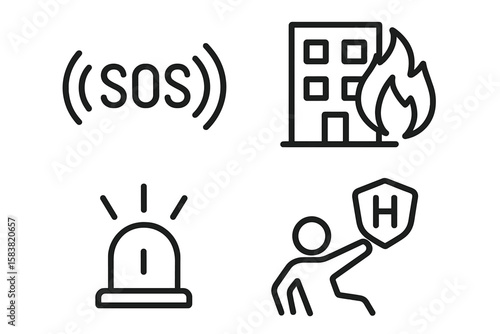 Emergency and Disaster Line Icons Set – SOS, Fire, Alarm, Rescue, Safety, Incident, Accident, Help, Outline Pictograms for Crisis Response and Public Safety