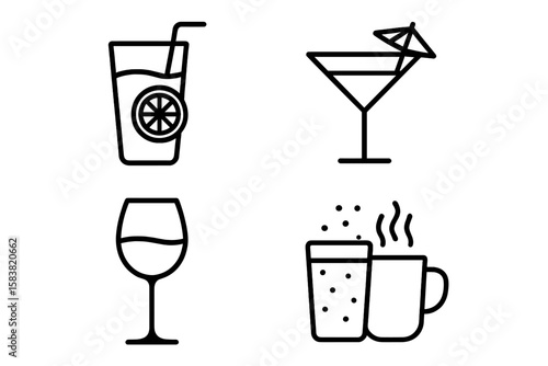 Set of 4 Linear Style Drink Icons – Lemonade, Cocktail, Wine, Cold & Hot Carbonated Beverages, Alcoholic and Non-Alcoholic Outline Icon Collection