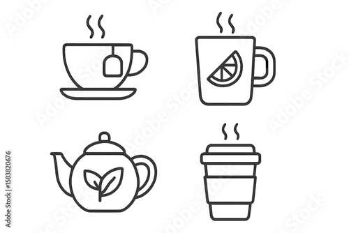 Tea and Hot Drink Line Icons Set – Minimalist Linear Style Collection Featuring Teacup, Mug with Lemon, Teapot with Leaf, and Takeaway Cup – Outline Pictograms for Beverage Infographics and Menus