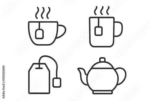Tea and Hot Drink Line Icons Set. Minimalist Linear Style Tea Cup, Mug, Teapot, and Tea Bag Outline Collection. Modern Beverage Pictograms for Infographics, Menu, Cafe, Transparent Vector Illustration