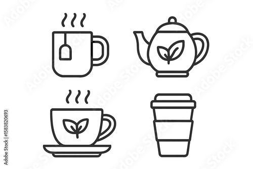 Modern Tea and Hot Drink Line Icons Set – Minimalist Outline Collection Featuring Teacup, Teapot, Mug, and Takeaway Cup with Leaf Motif, Perfect for Café Menus, Beverage Branding, and Infographics