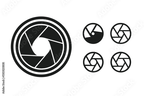 Camera Lens Aperture Diaphragm Set. Shutter Silhouette Icons. Photo Lens Aperture, Camera Shutter, Lomography Film Lens, Snap Optics Objective, Pictogram Collection