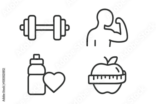 Fitness and Healthy Lifestyle Outline Icons Set – Dumbbell, Muscular Arm, Water Bottle with Heart, Apple with Measuring Tape – Linear Gym, Sports, Wellness, Nutrition, Exercise, Health Pictograms