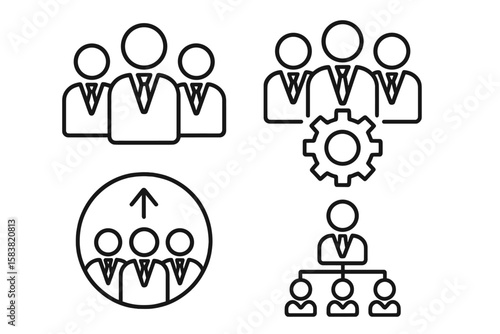 Business Teamwork and Leadership Outline Icon Set – Linear Style Collection Featuring Team Collaboration, Work Group Management, Business People Hierarchy, Corporate Organization Concepts