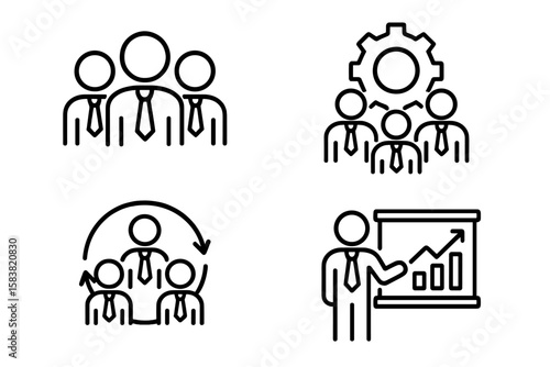 Business Teamwork Outline Icon Set – Linear Style Collection Featuring Business People, Team Collaboration, Leadership, Group Management, Corporate Success, and Growth Concepts
