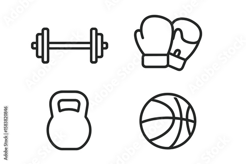 Fitness and Sports Equipment Line Icon Set. Dumbbell, Boxing Gloves, Kettlebell, Basketball. Gym, Workout, Training, Exercise, Outline Vector Icons. Modern Minimalist Sports Pictogram Collection.