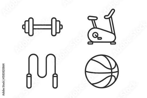 Fitness and Sports Equipment Line Icon Set. Dumbbell, Exercise Bike, Jump Rope, Basketball. Gym Training, Workout, Cardio, Sports Activity, Outline Vector Icons. Modern Linear Style Pictograms.