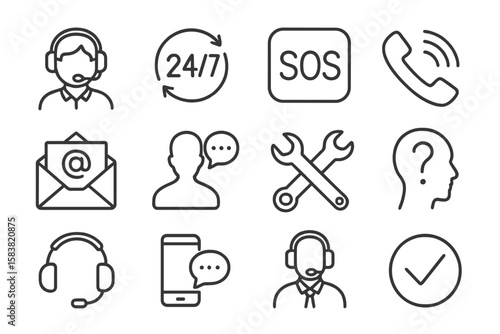 Customer Support and Help Line Icon Set. Call Center, Technical Support, SOS Emergency, Customer Service, Contact, Communication, Assistance, Question, Email, Phone, Chat, Outline Linear Vector Icons