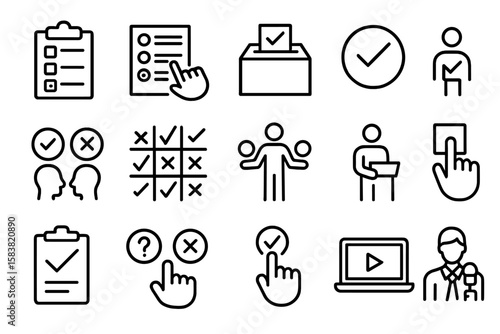 Survey and Voting Line Icon Set. Poll, Voting, Questionnaire, Election Ballot, Checklist, Checkmark, Choice, Decision Making, Online Survey, Polling Station, Outline Vector Icons Collection