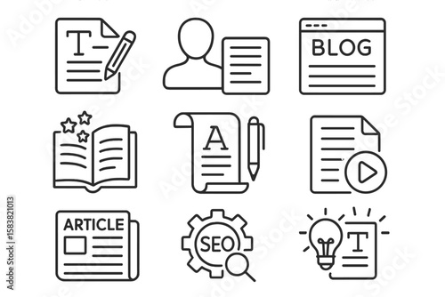 Copywriting line icons set. Content creation, writing, blogging, and storytelling symbols. SEO, article, author, and content marketing pictogram collection for web and apps.