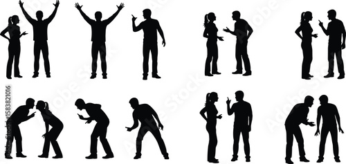Silhouettes of people arguing, couple fighting, emotional conflict illustration, man and woman disagreement poses, relationship problem vector concept art