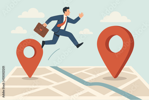 Business relocation, moving office to a new address or transferring to a new location concept. Businessman, company owner jumping from a map navigation pin to a new one.